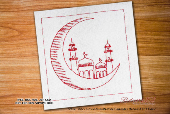 Crescent Moon with Mosque Redwork