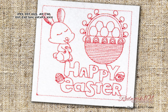 Happy Easter with Egg Basket Redwork
